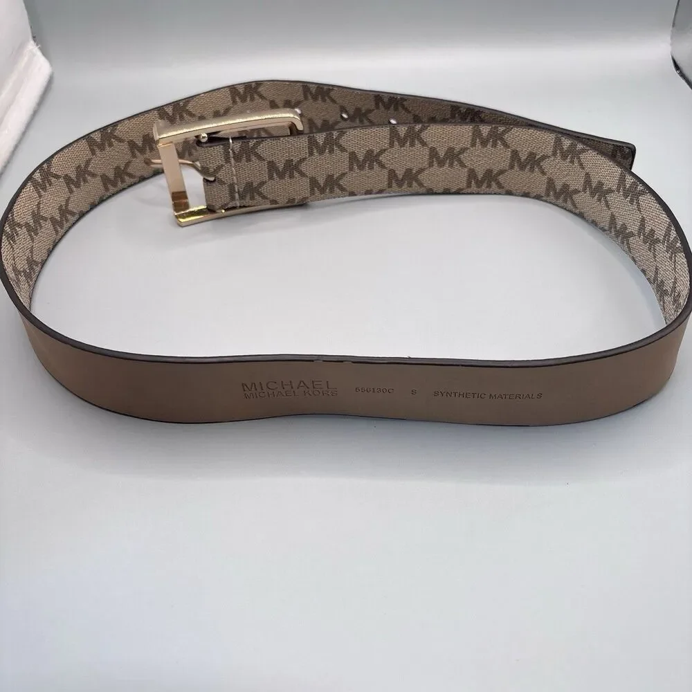 Michael Kors MK Signature Logo Belt Brown Vanilla Gold Buckle Women's Small